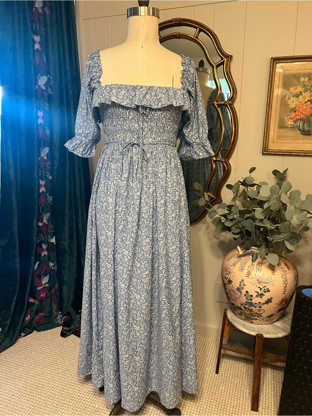 Doen Smocked Square-Neck Blue cotton Floral Maxi Dress